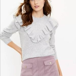 LOFT Ruffled Soft Knit Long Sleeve Round Neck Flirty Girly Sweater Gray Medium
